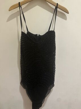 Ritmo di Perla Black Beaded Mesh Bodysuit with Spaghetti Straps 44 (M/L)